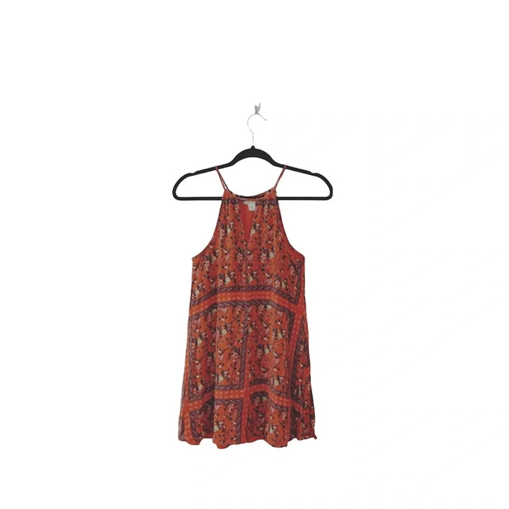 Francesca’s Miami Floral Mini Dress Burnt Orange Halter Keyhole Neck Boho Xsmall